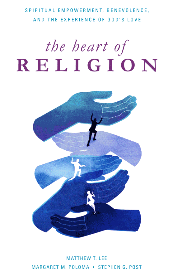 The Heart of Religion (book cover: people climbing on blue hands)